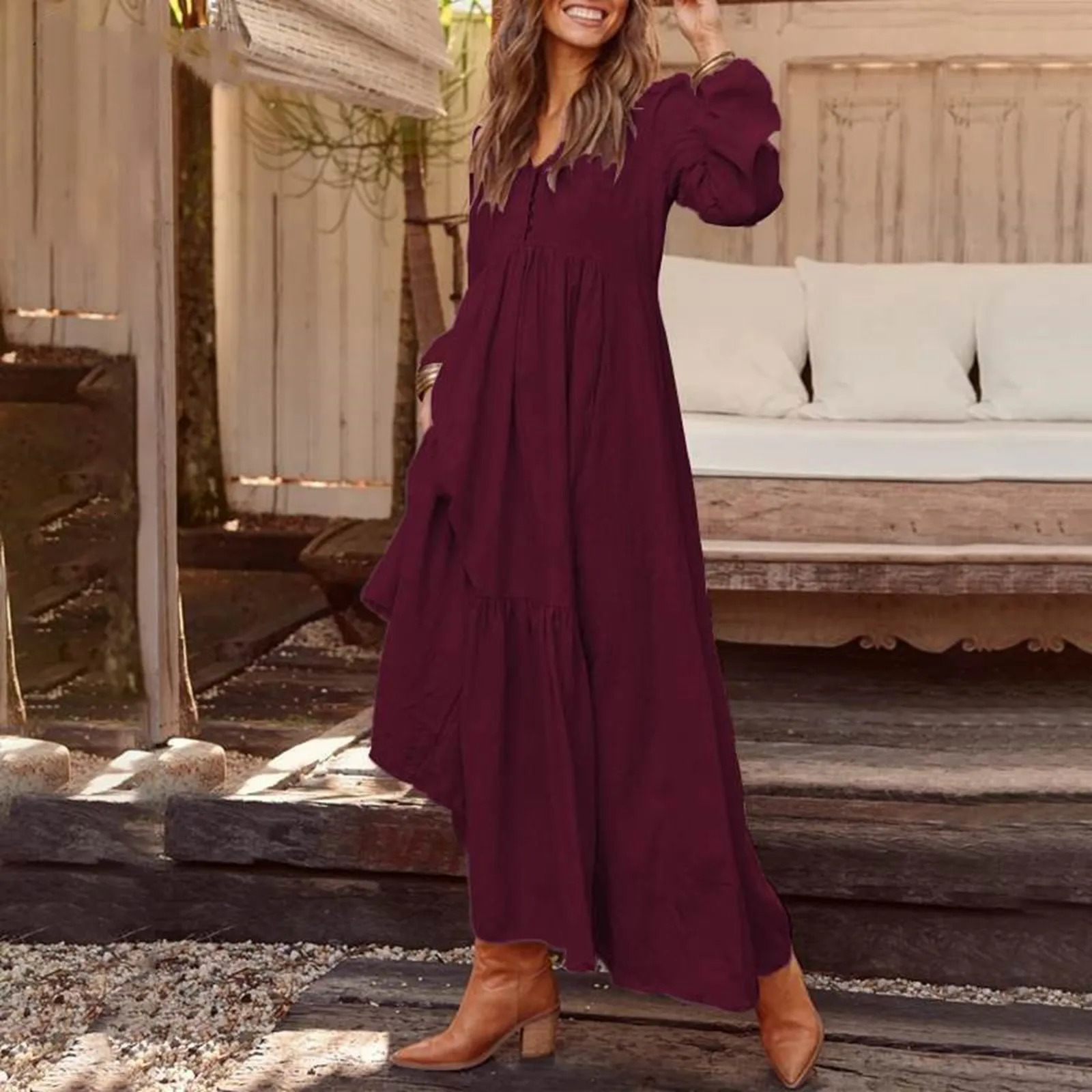 Cotton linen retro casual womens long jumpsuit V-neck long sleeved loose jumpsuit formal elegant party jumpsuit 250220