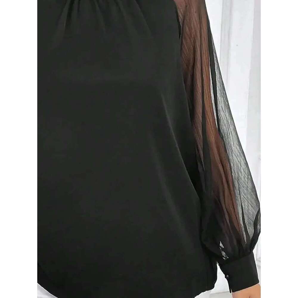 Plus Size 1Xl-5Xl Women's Elegant Solid Semi Sheer Mesh Raglan Sleeve Mock Neck Temperament Commuting Lantern Sleeved Blouse
