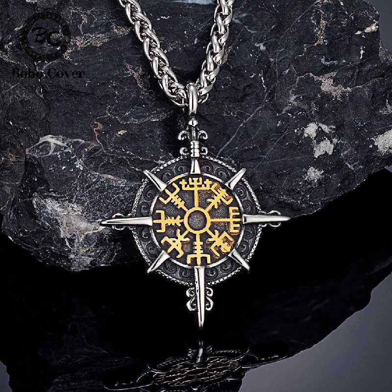 Retro Gold Color Vikings Compass Necklace Men Antique Stainl Steel Norse Rune Amulet Pendant Vegvisir Homme landic JewelryXJ250219