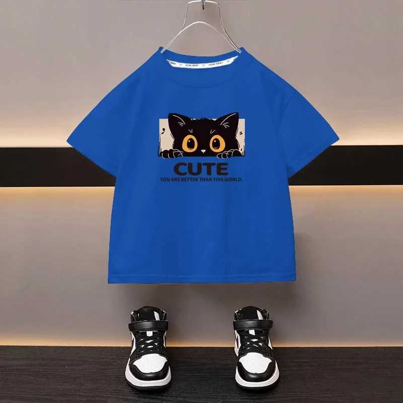 T-shirts 100% Cotton Childrens T-Shirt Japanese Cartoon Cute Cat Girl Top High Quality Boys Crew Neck Black T-Shirt Printed Clothing H250220