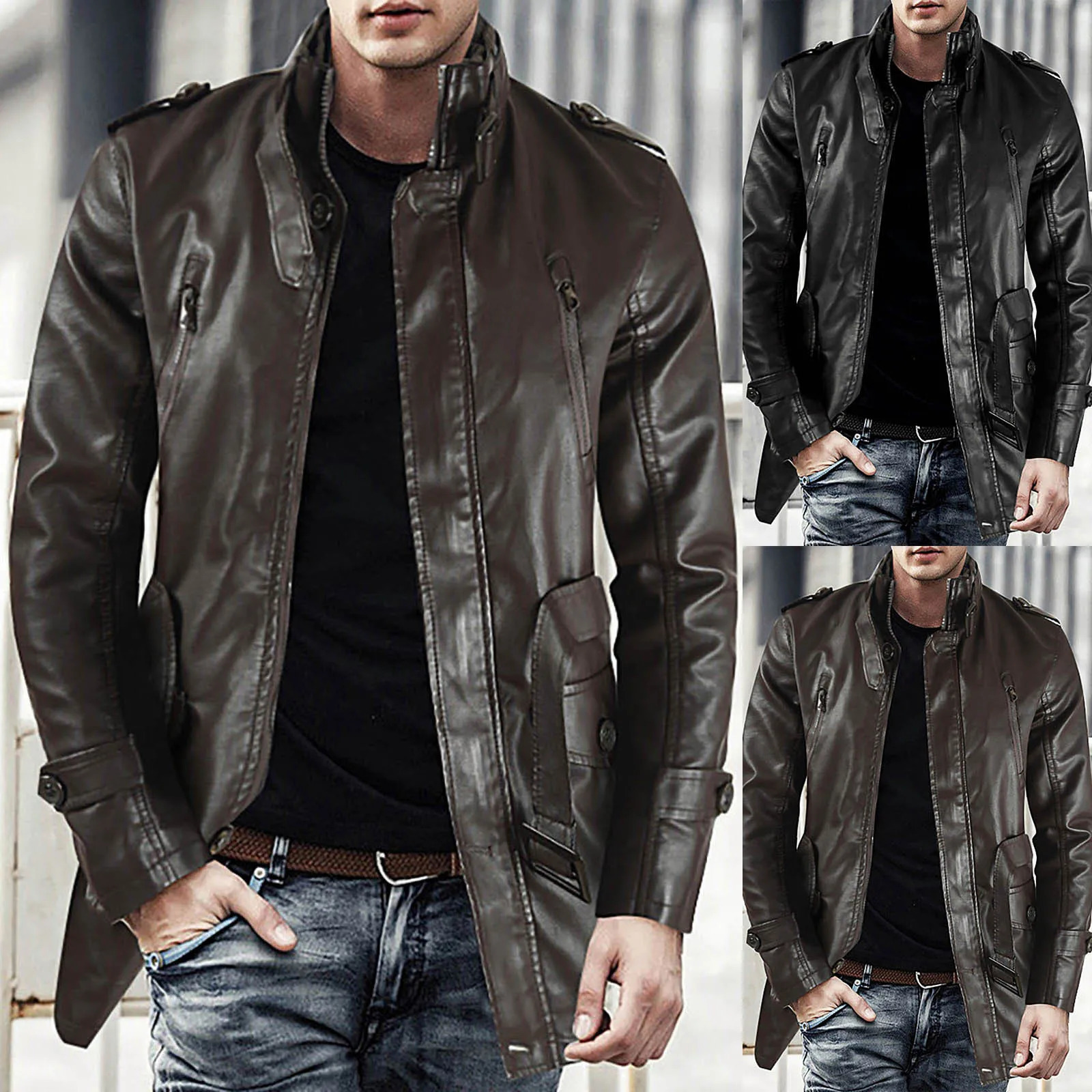 Mens Winter Casual Leather Jacket Zipper Long Sleeve Stand Trench Coat Men Tactical Windproof Waterproof jacket 250210