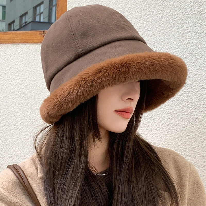 Fashionable fluffy fur bucket hat womens winter thick warm Panama fisherman retro soft plush basin 250210