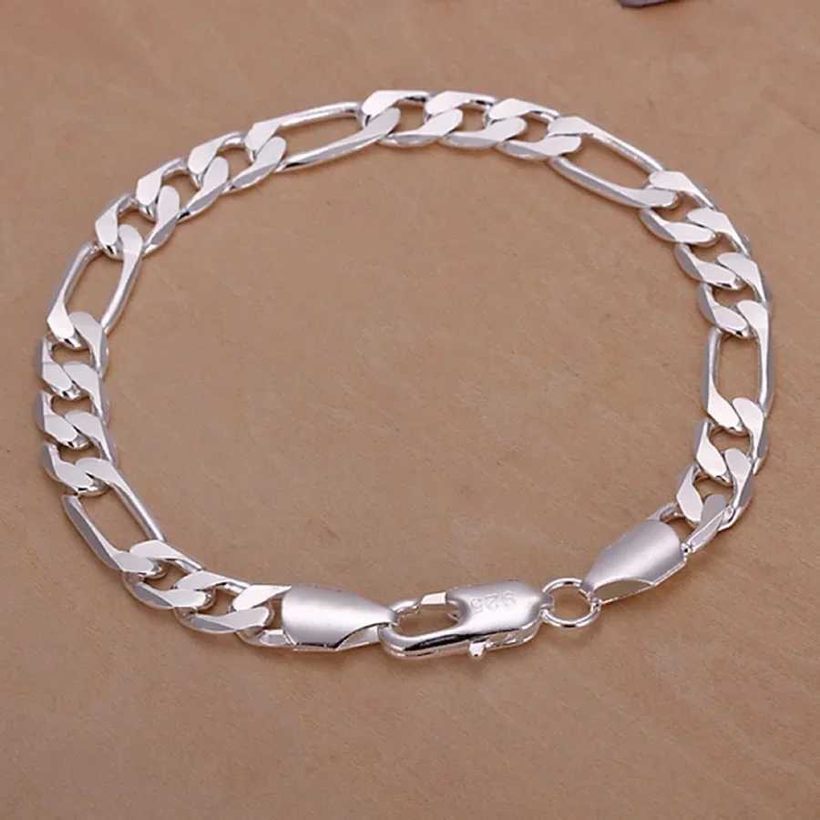 Fine 925 Sterling silver bracelets 6-8mm Women Men chain wedding fashion top quality Silver Jewelry Figaro 20cmXJ250219