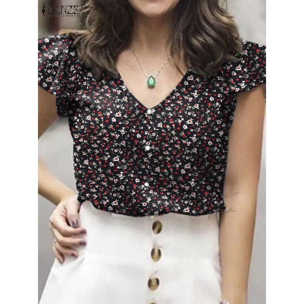 2024 ZANZEA Summer Women V Neck Short Sleeve Tops Casual Bohemian Ral Printed Blouse Holiday Beach Shirt Female Work Blusas