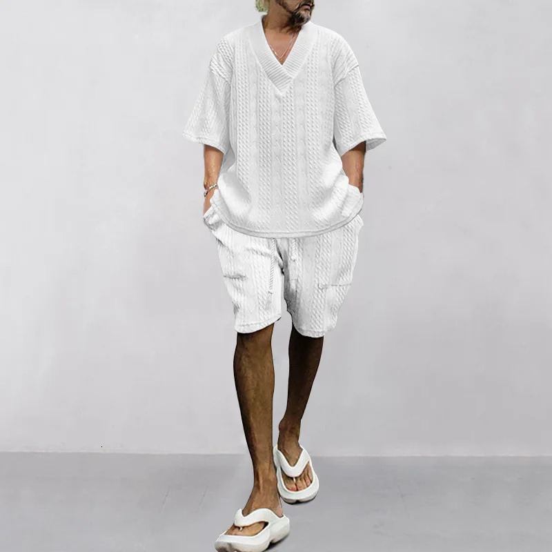 casual loose one seventh sleeve jacquard Vneck top mens beach vacation set European size 2piece 250220