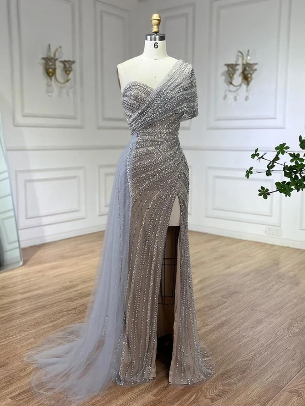 Glittery A Line Evening Dress Beaded Crystal Sequins One Shoulder Prom Gowns High Split Sweep Train Party Dresses Customized