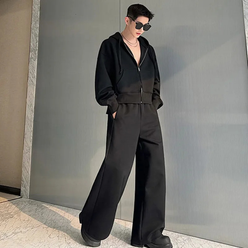 PFNW er Mens Two Piece Sports Pants Hollow Back Open Splicing Zipper Sweatshirt Wide Leg Pants Spring C5068 250220