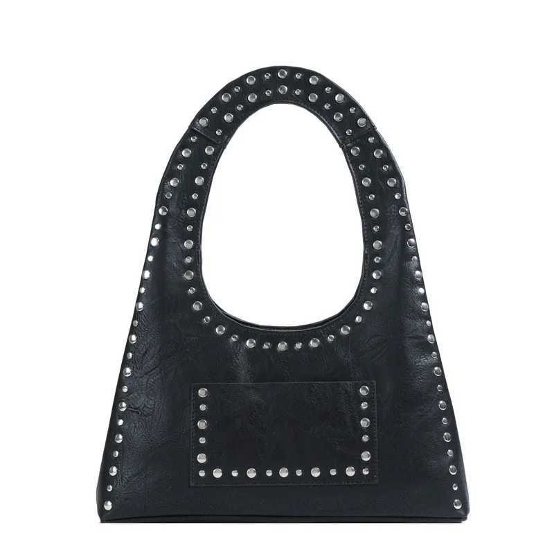Retro decorative shoulder bag European and American motorcycle style nail wallet leather armrest bag hot womens handbag Y250218