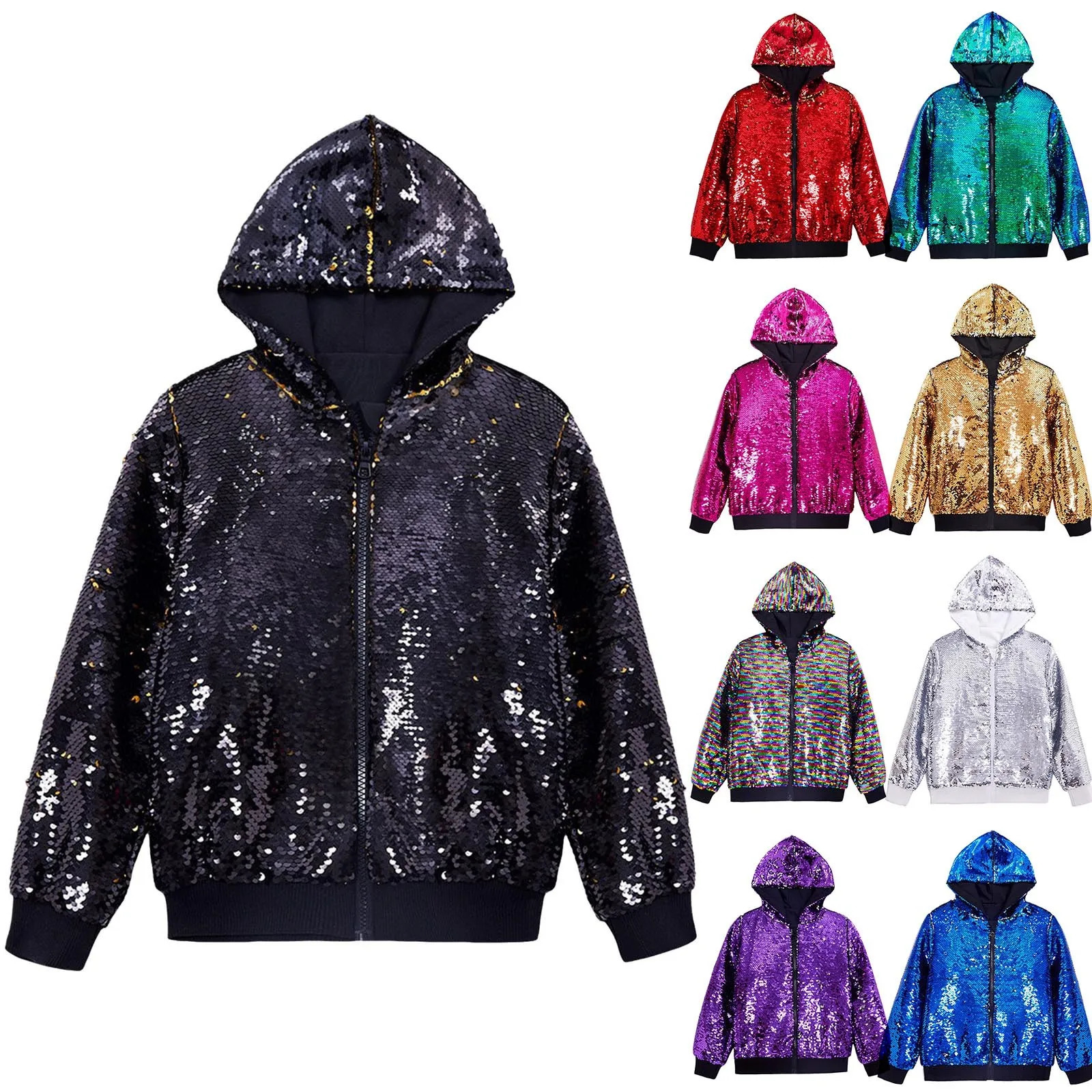 Mens Outdoor Hooded Jacket With Pocket Cool Long Sleeve Unisex Leisure Outerwear Overcoat Nightclub Party Sparkly Sequin Clothes 250218