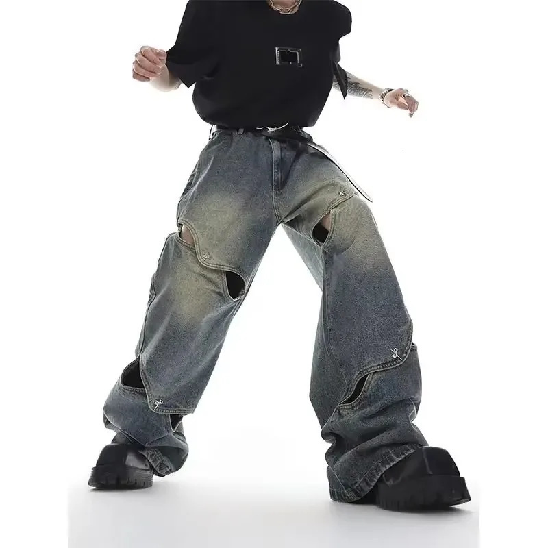 Cool Autumn Fashion Deconstructed Metal Button Jeans Men Heavy Industry Hollow Causal Loose Straight Wide Leg Pants Male 250220