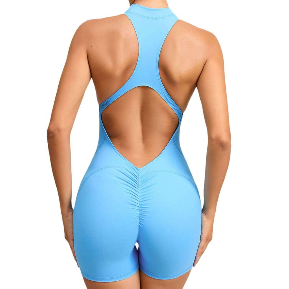 European and American tight fitting zipper sports yoga pants with peach buttocks integrated quick drying pleated fiess jumpsuit 2025 new casual versat