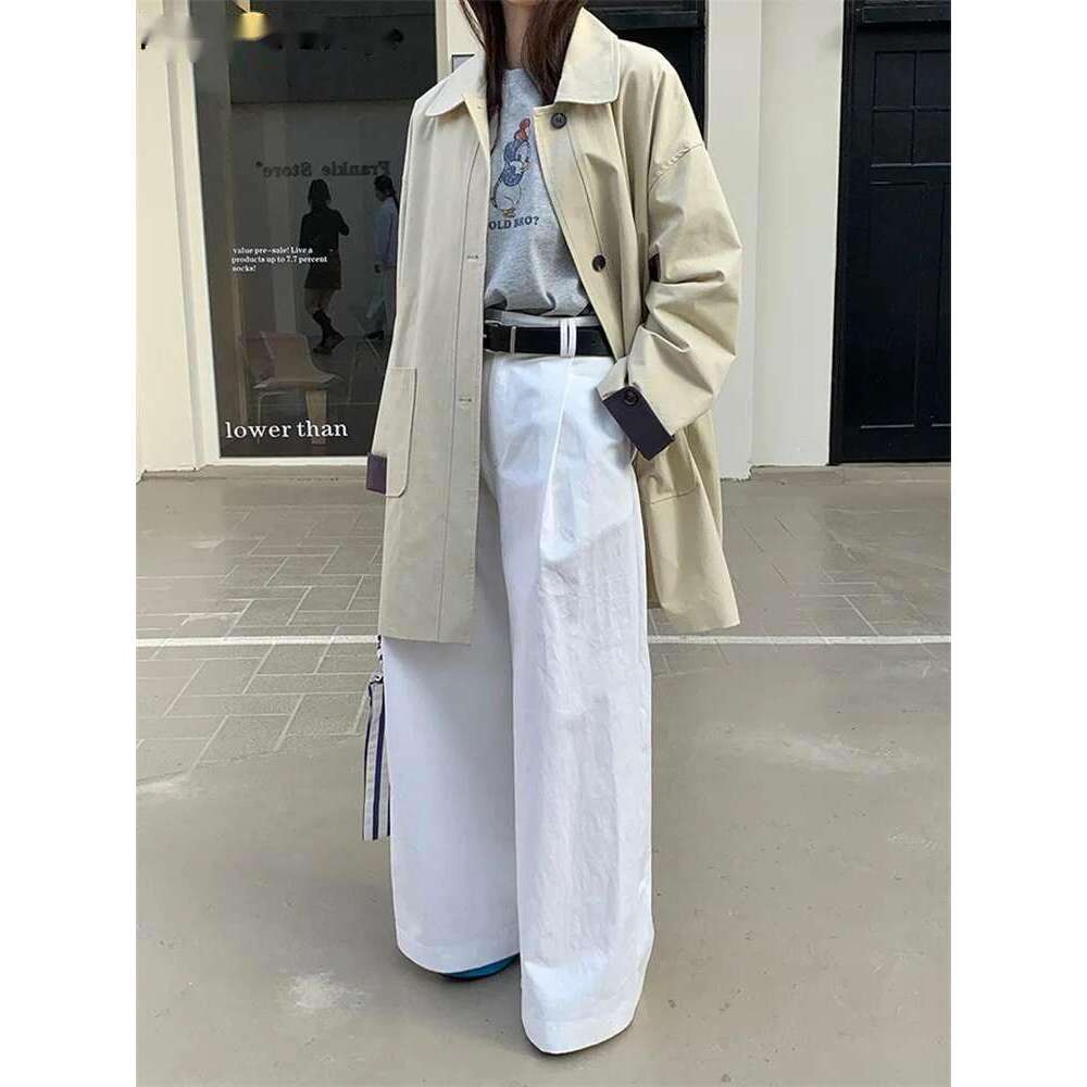 2025 Trench Coat Women Simple Spring Loose Versatile Collared Jacket Top Khaki Beige