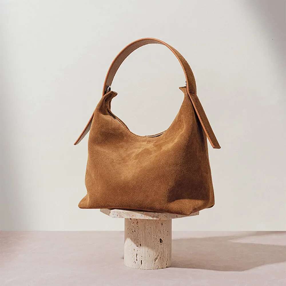 New Ins Chic Red Camel Color Hobo Tote Small Matte Suede Cow Leather Women Handbag Soft Gentle Style Wear Shoulder Bag