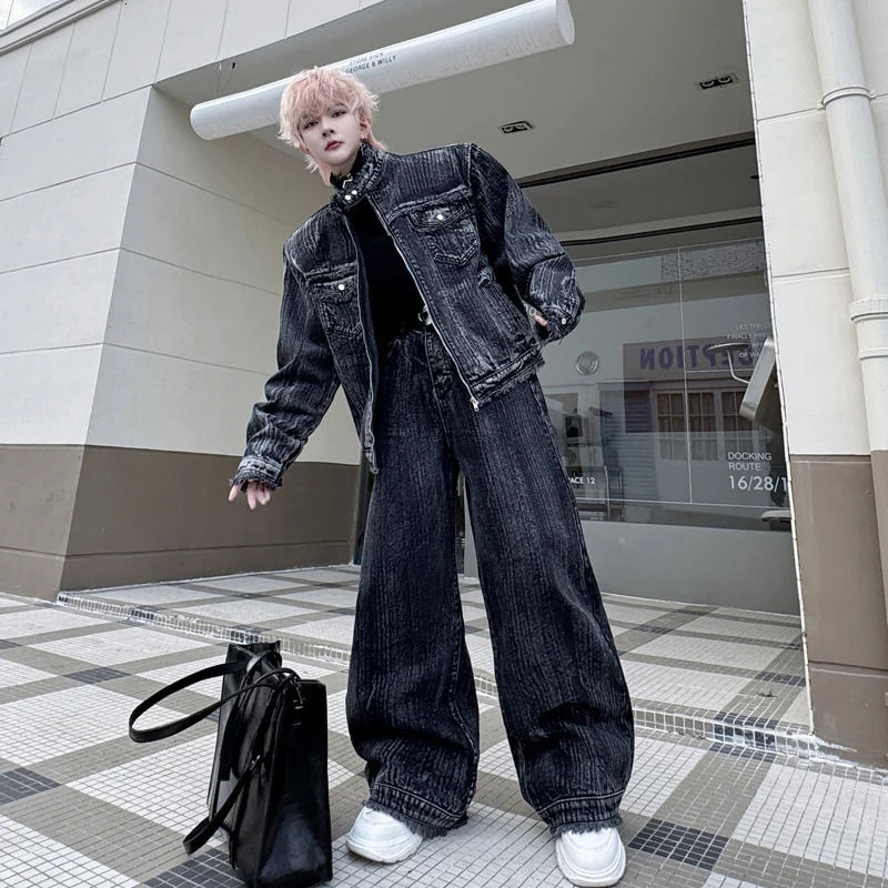 PFNW Two-piece Set Gradient Color Washed Tie-dye Stand Collar Striped Denim Jacket Wide Leg Pants Mens Loose Set 28W6028 250220