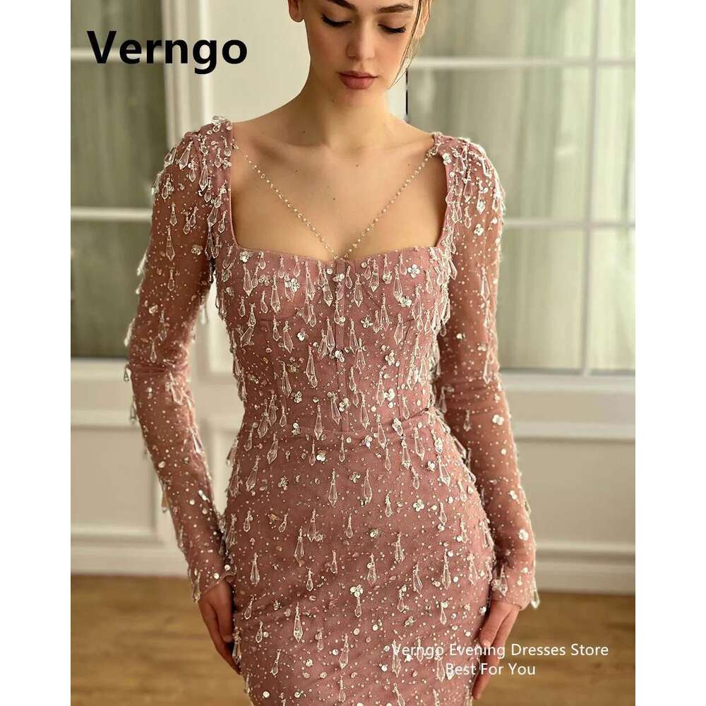 Verngo-Vestidos baile brilhantes com lantejoulas para mulheres mangas completas vestido de festa uoso cristal rosa brilhante prom