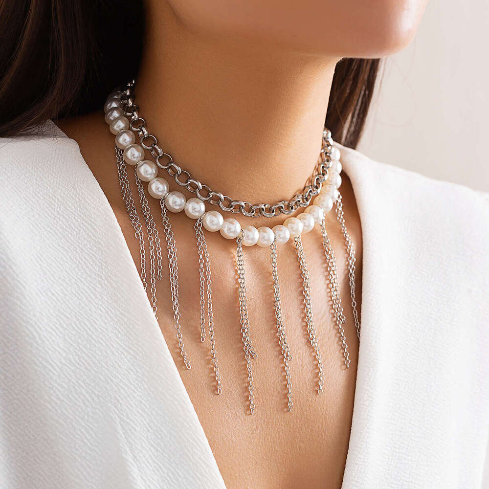 Imitation pearl tassel sweater chain with a sense of niche design, double layered for women's necklace jewelry