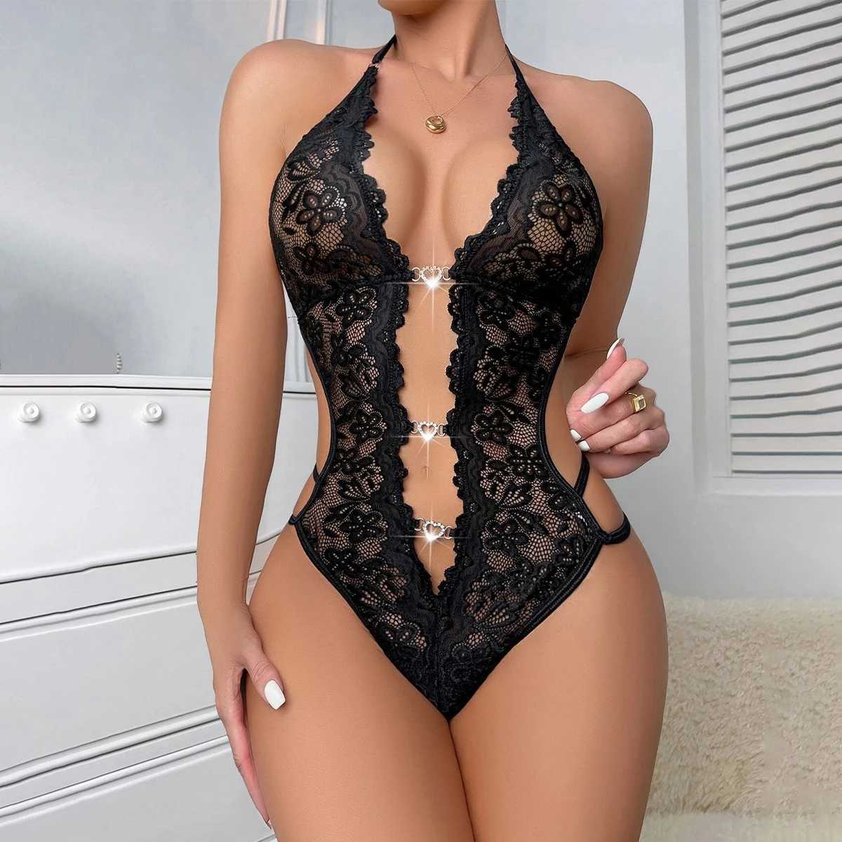 Red Sexy Bodysuit Lingerie For Women Crotchless Underwear Porn Babydoll Dress Perspective Lace Sex Suit Deep V Erotic Costumes W250220