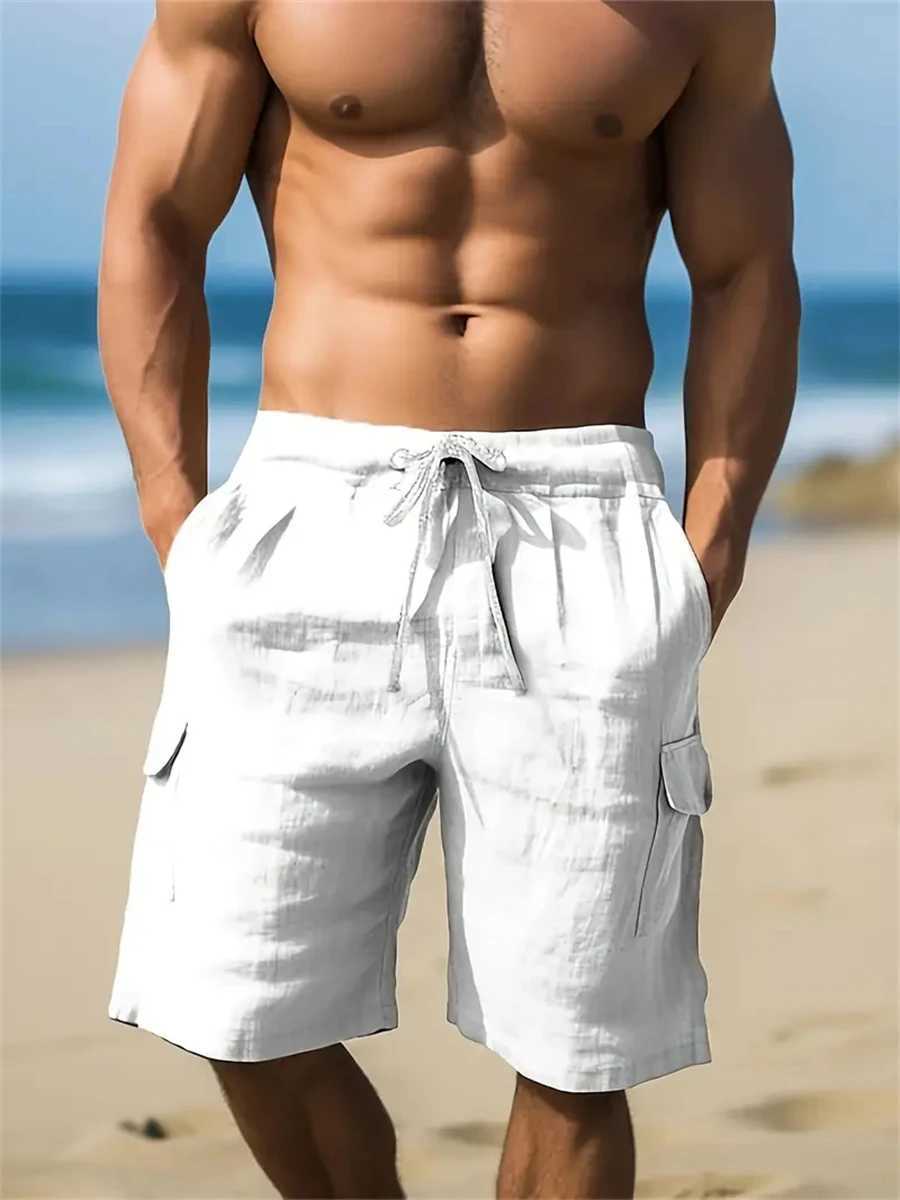 Tiki Hawaii Vacation Casual Loose Drawstring High-end Linen Stiff Mens Beach Shorts For Beach Sports Activities X250220