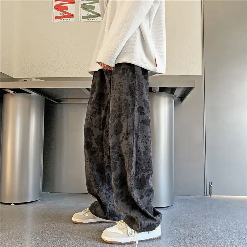 Vintage Floral Corduroy Pants Streetwear Y2k Men Wide leg Oversize Harajuku Casual Straight Long Trousers Korean Fashion 250220