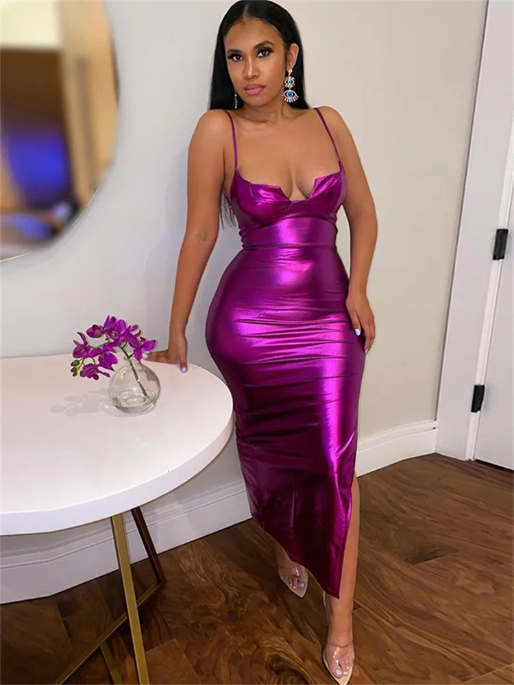 Weird Puss Neon Purple Nightclub Sundress Women Backless Sleeveless Dress Skinny Side Split Sexy Party Vacation Stretchy Outfits 250219