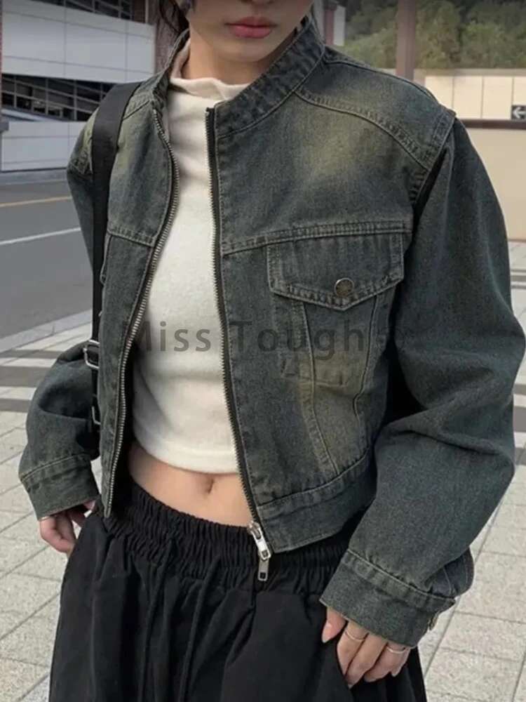 AI.Fashion Stand Collar Y2k Denim Zipper Slim Vintage Coats Women Elegant Streetwear Short Jackets Female Ladies