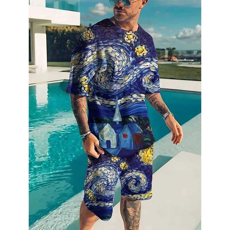 Men's Tracksuits Van Gogh Starry Night Painting 3D Printing Mens Track Clothing Set Mens Street Clothing Shorts 2-piece Sportswear Mens Clothing 