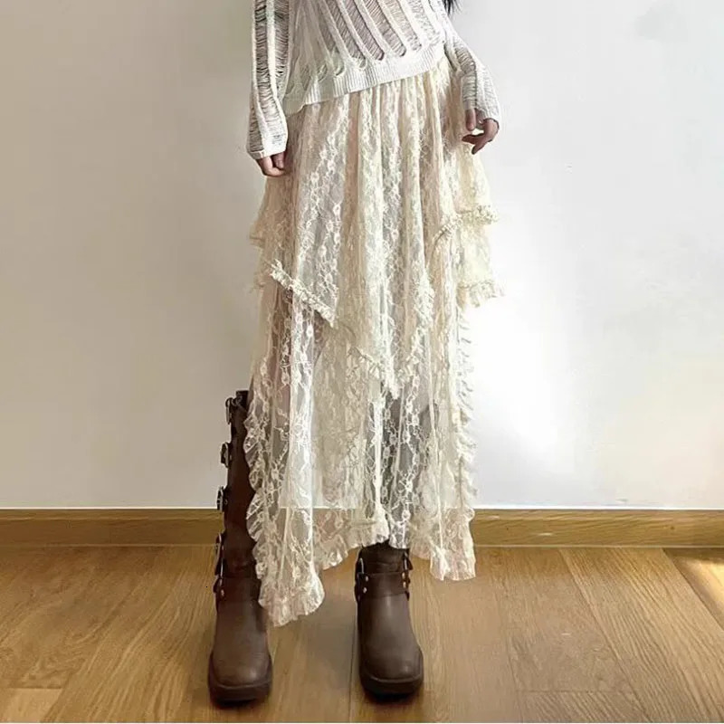 Lace Asymmetric Skirt Women Vintage Y2K Boho Aesthetic Fashion High Waist Mid Skirts Summer Ladies Holiday Outfits 250220