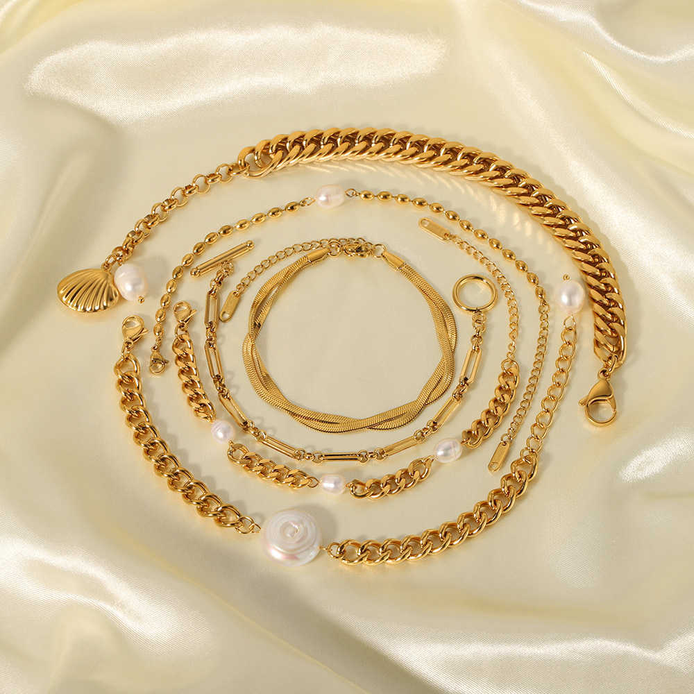 Charm Bracelets Cuban chain double-layer flat snake chain pearl style beach style gold-plated shell OT buckle cross bracelet H25220