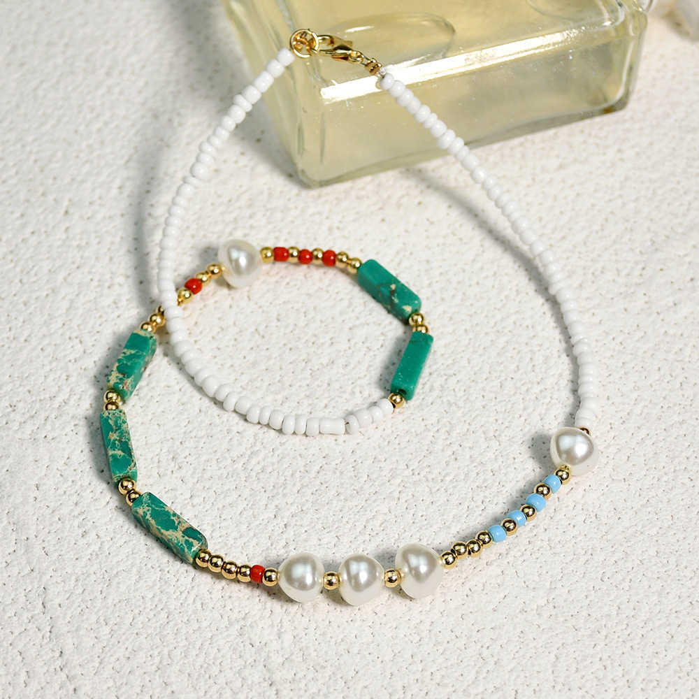 Pendant Necklaces Bohemian style pearl necklace womens summer agate green semi fashionable handmade collarbone necklace jewelry H25219