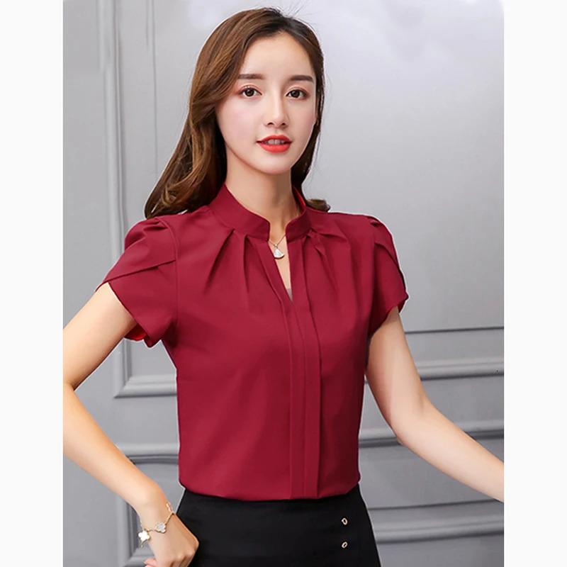 Women Chiffon Shirt Korean Elegant Slim Folds Short Sleeve Blouse Casual Office Stand Collar All Match Ladies Tops 250219
