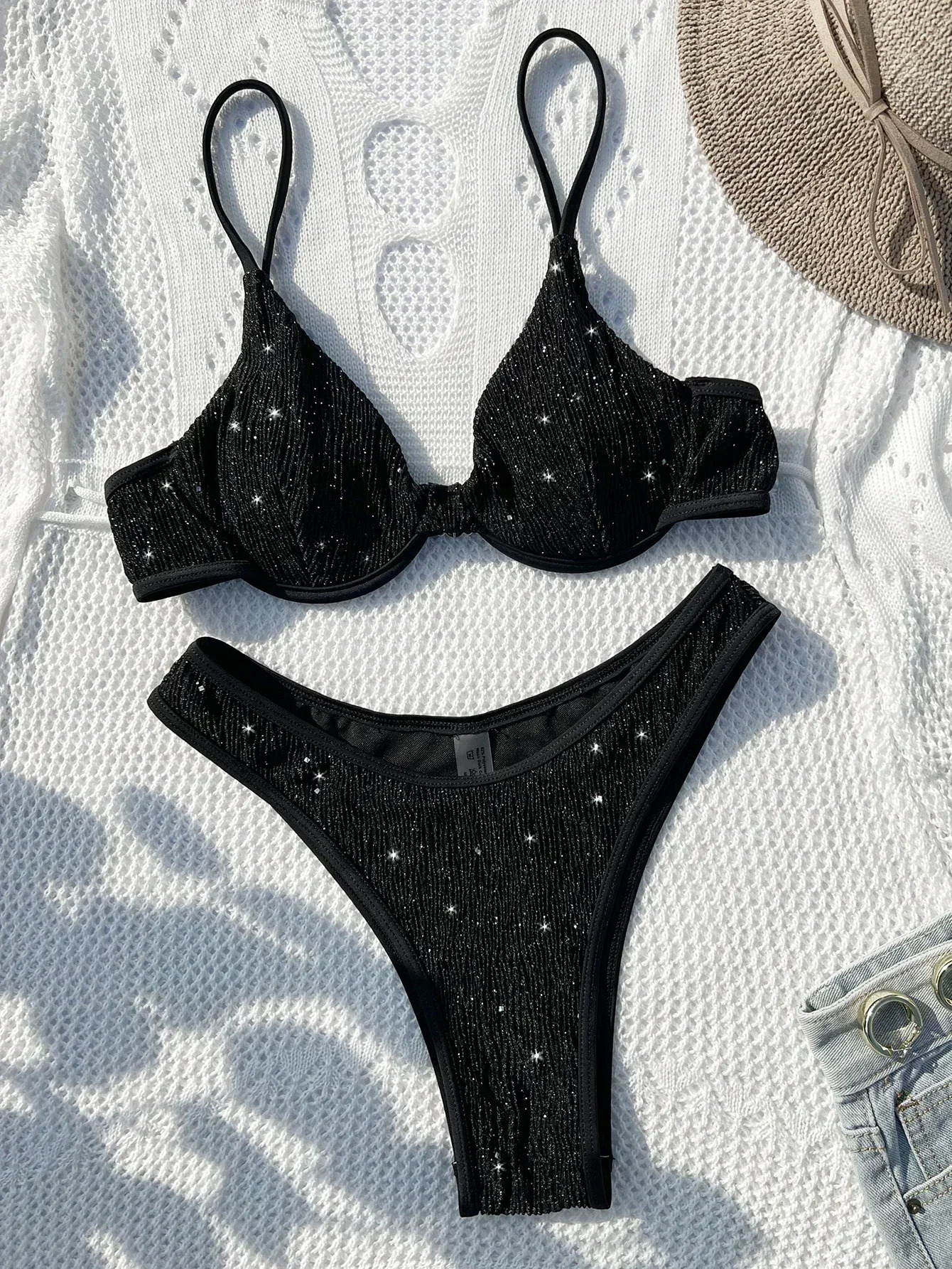 Swimsuit Women Black Shiny Bikini Sexy High Waist 2 Piece Swimwear Steel Support Female V-neck Beach Bathing Suit YX1378X 250220