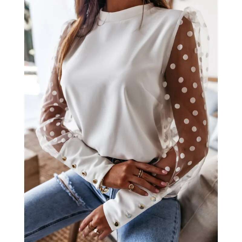 Spring Women's Casual Shirt/Chiffon Fashion Stand Up Collar Solid Color Lace Dot Long Sleeved Commuting Chiffon Shirt