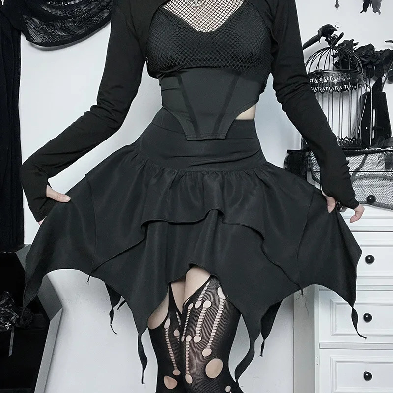 Gothic Punk Irregular Skirts Sexy Women Solid Color Drawstring TieUp Ruched Ruffles Mini Skirt Summer Fashion Short 250220