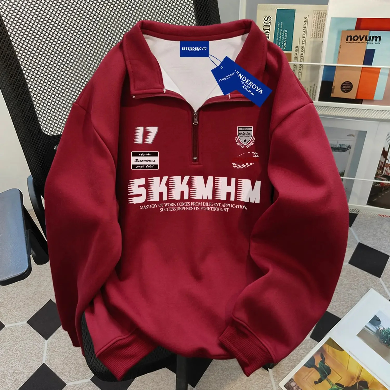 American hip-hop men and women trendy personalized letter printed zipper polo shirt autumn and winter couple loose casual top 250220