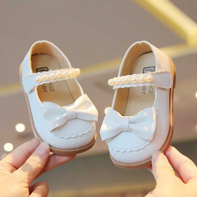 Toddlers Girls Leather Shoes Little Kids Casual Flats Princess Sweet with Pearls Beading Bow-knot 2024 Dress Party Shoes Soft X250220