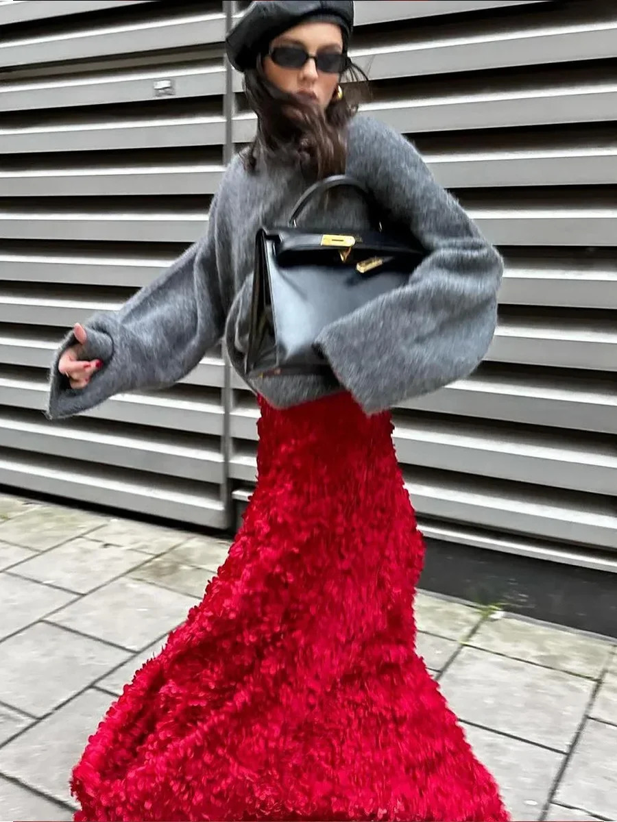 Bornladies Winter Red Fashion Long Petal Skirt Womens n Inspired Evening Gown Elegant Lady Unique High Waisted 250213