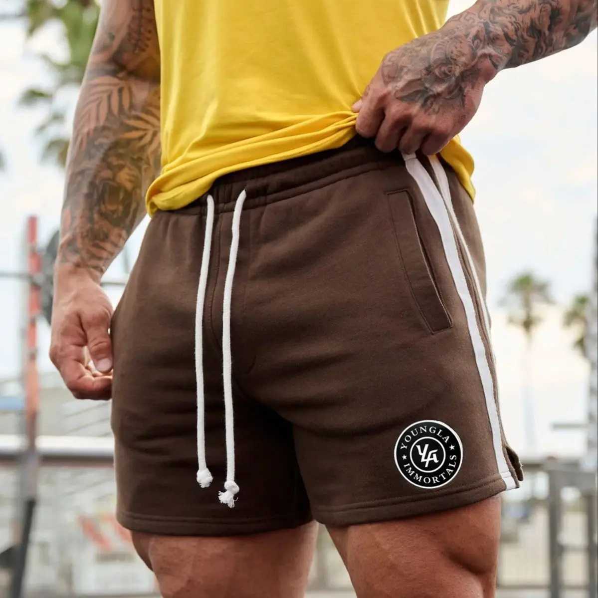 YA New Men Short Jogger Gym Sports Fitness Cotton Striped Printed Casual Shorts Outdoor Running Basketball Shorts Training Pants X250220