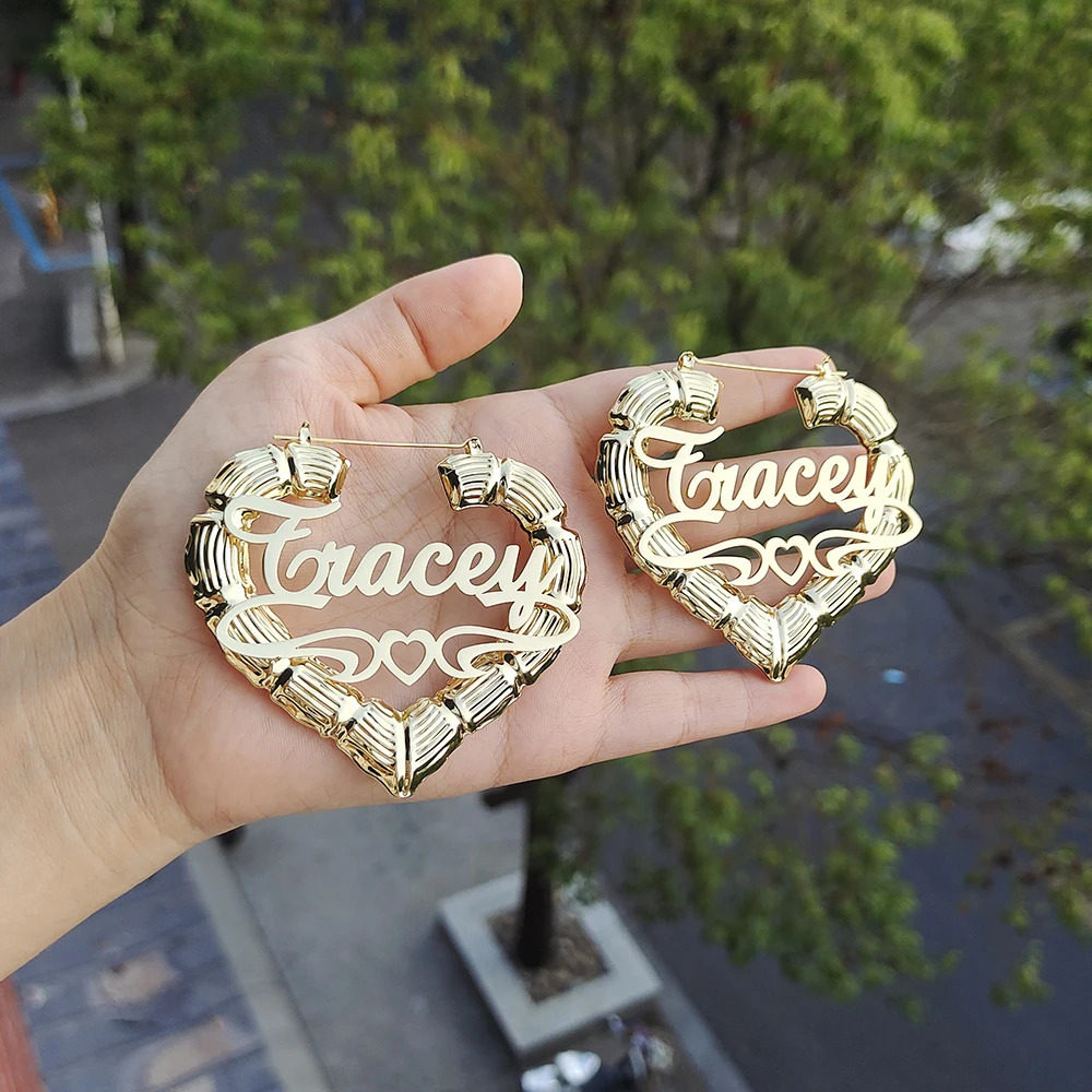 DODOAI Stainless steel Custom Heart Bamboo Hoop Earrings Customize Name Earrings Bamboo Style Personality Heart earrings Jewelry 250219