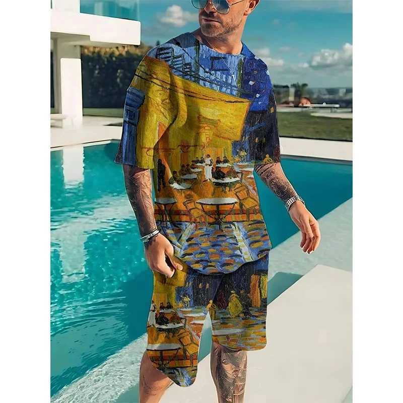 Men's Tracksuits Van Gogh Starry Night Painting 3D Printing Mens Track Clothing Set Mens Street Clothing Shorts 2-piece Sportswear Mens Clothing 