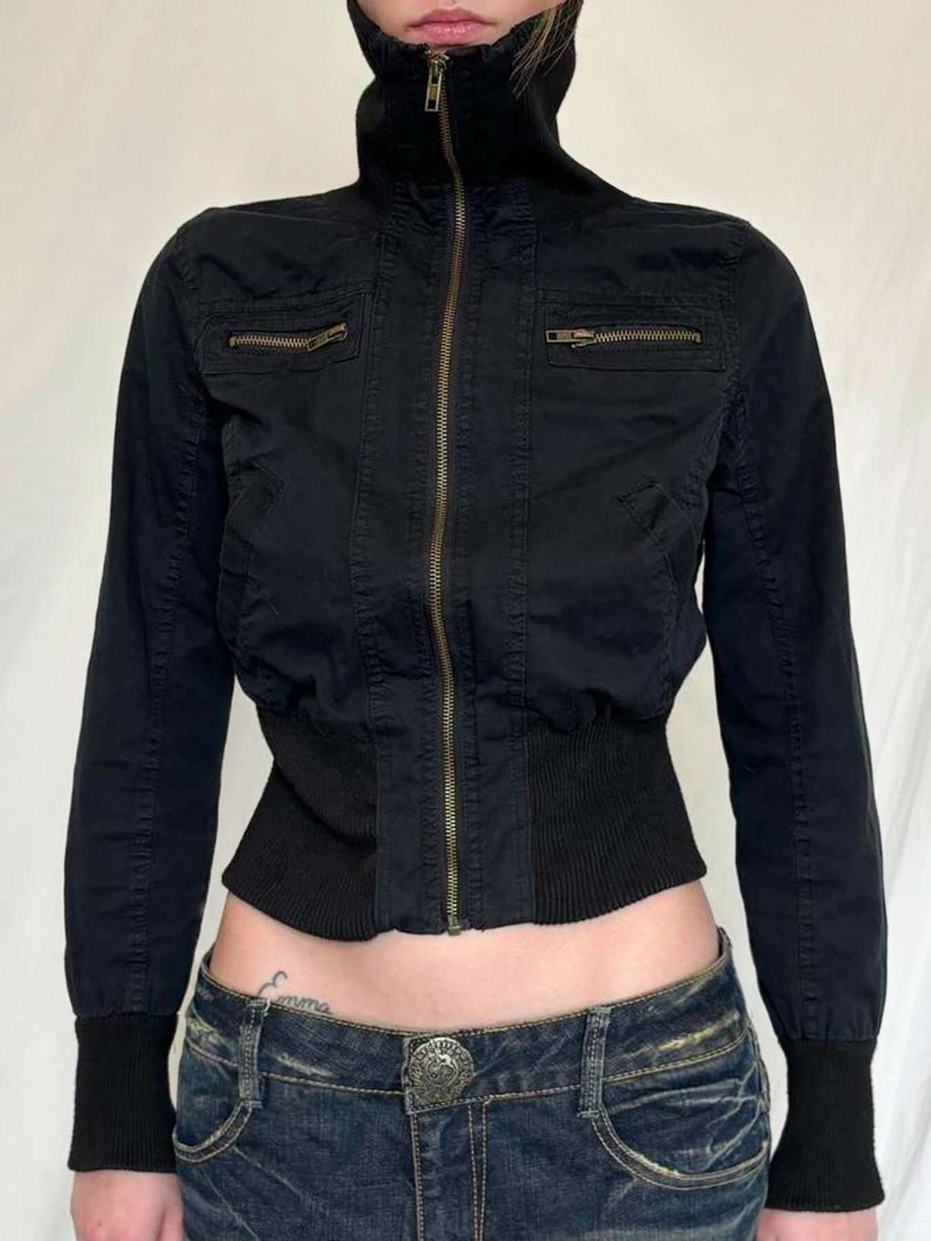 Rockmore Y2k Vintage Streetwear Medium-high Necke Zipper Jacket Tops All Match Waist Slimming Woven Short Coats Korean Solid