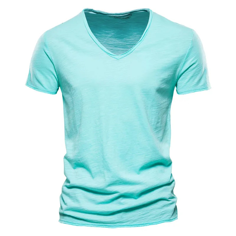 100% Cotton V-neck Mens T-shirt Fitness Sports Slim Fit Soild T-shirts Male Tops Tees Summer Short Sleeve T Shirt For Men 250220