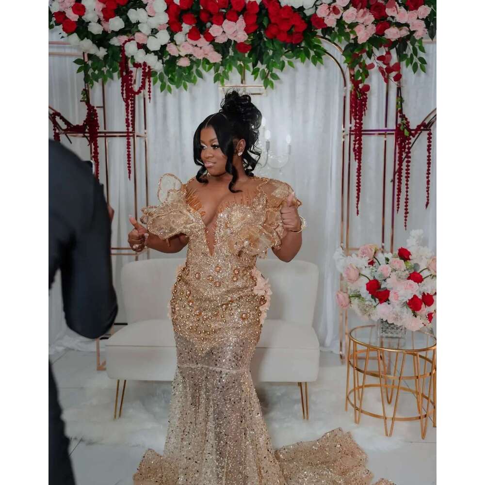 Sequins rhinestone pearls formal evening party sea reception birthday dre aso ebi illusion gold mermaid prom dresses