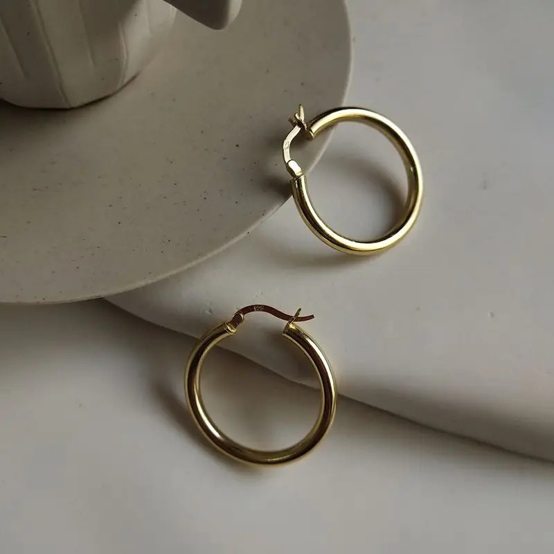 Silvology 3MM X 30MM Glossy Round Ring Earrings Gold 925 Pure Silver Texture Korean Earrings Womens Romantic Jewelry Gift 250219