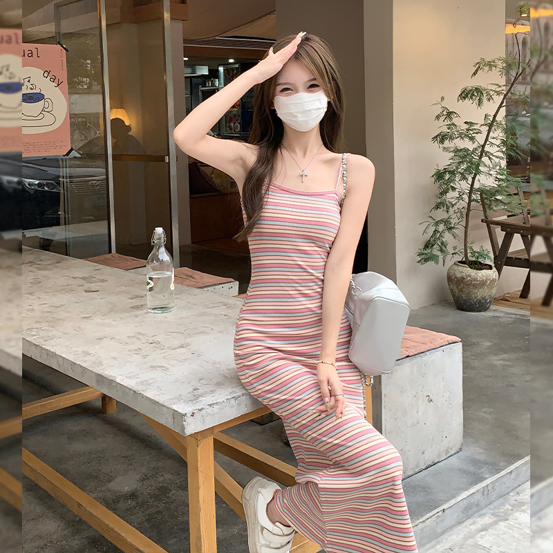 P1020 Rainbow slings small first love style girly striped skirt slightly fat tube top slim sling outer dress