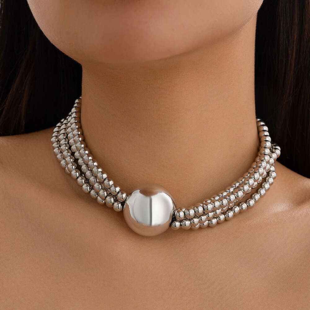Exaggerated round bead pendant, collarbone necklace, women's hip-hop trendy metal multi-layer pearl necklace