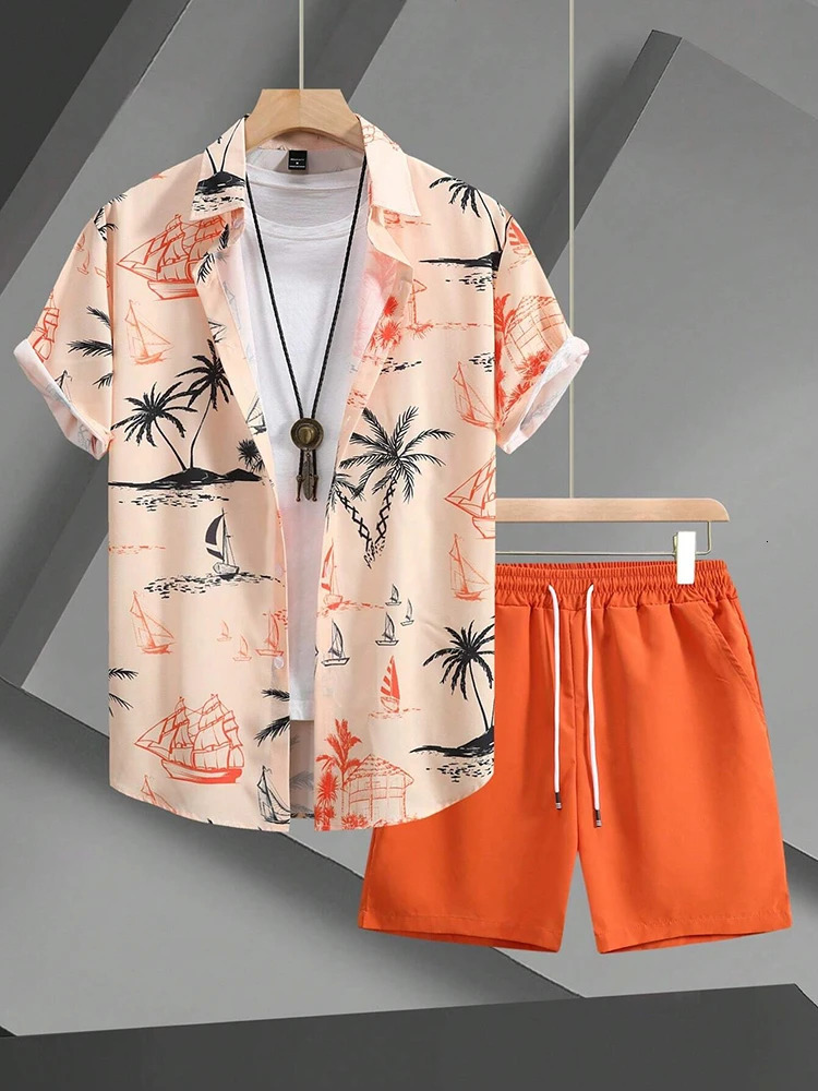 Coconut Tree Print Mens Short Sleeve Shirt And Beach Shorts Sets Summer Fashion Casual Loose Shirts Hawaiian Style Man 250220