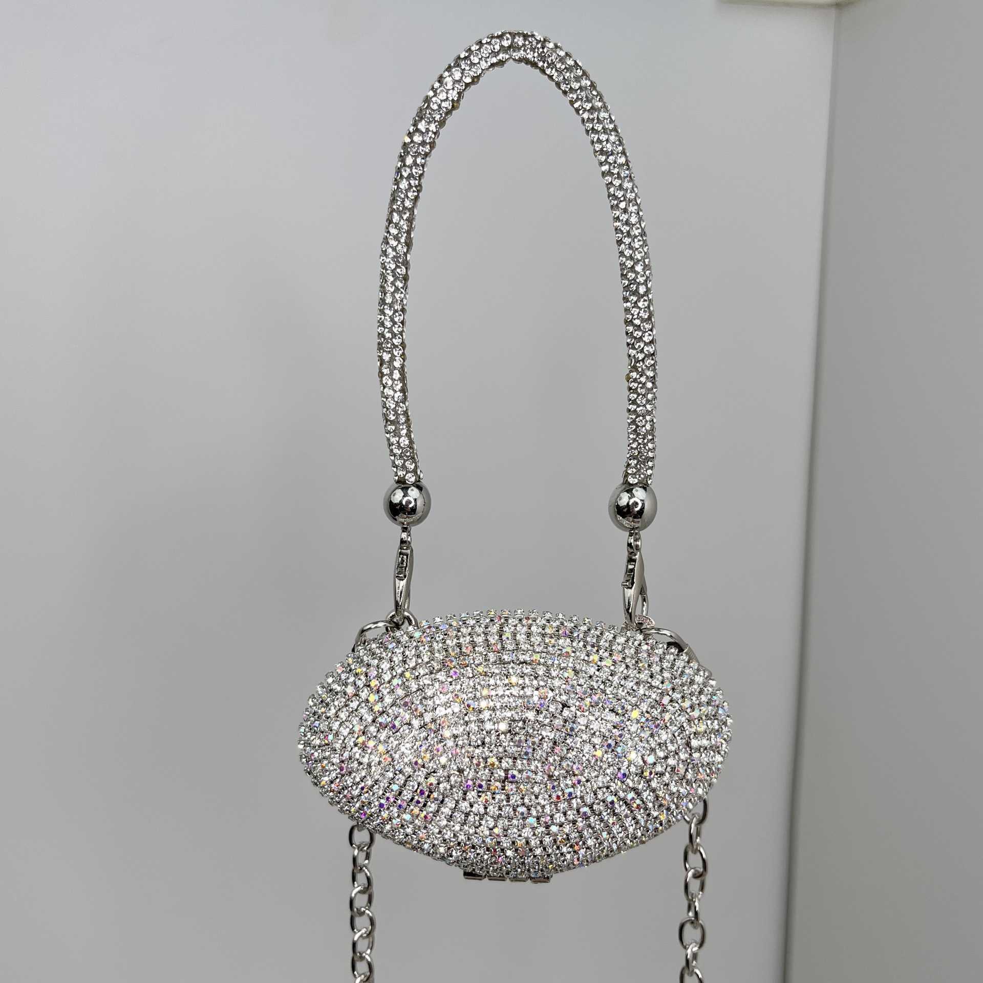 fashion trend metal inlaid diamond shell bag niche design decorative diagonal chain handbag 250215