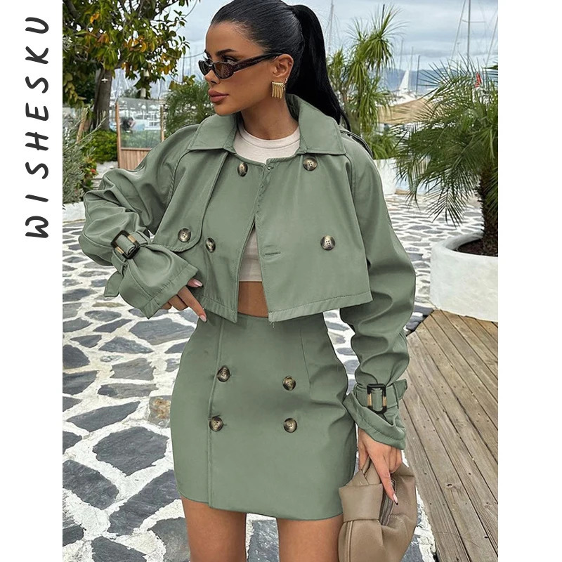 Loose green 2-piece womens set autumn elegant long sleeved button top high waisted mini ski suit 250220