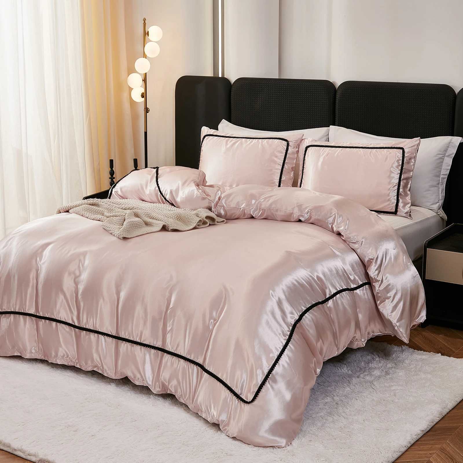 3-piece satin down duvet cover set silk white black and pink bedding set silk luxury bedding set Y250219