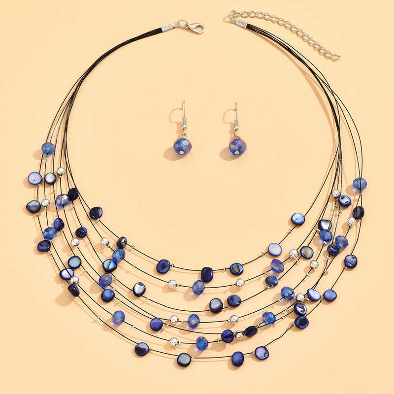 Pendant Necklaces Bohemian Beach Crystal Shell Ethnic Style Multi layer Necklace Earring Set Neck Chain H25219